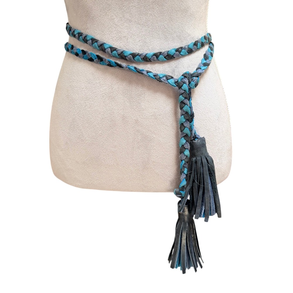 Braided Leather Tassel Wrap Tie Belt Blue Turquoise Woven 76" Cord Boho Western